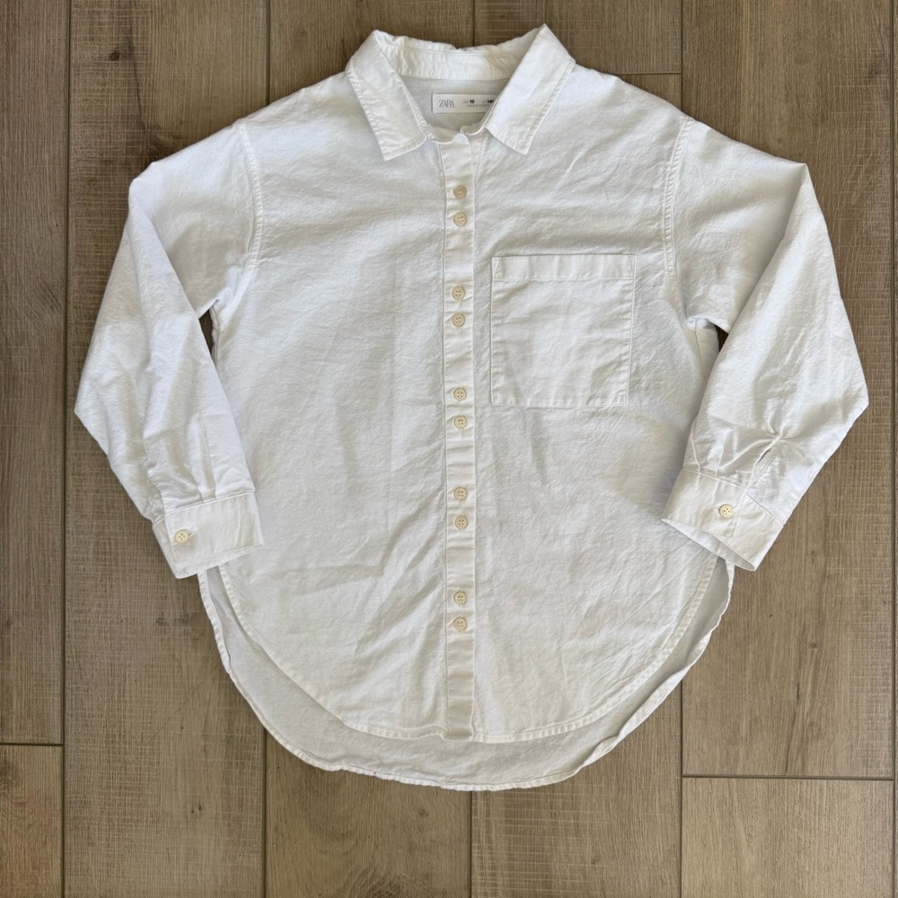 Zara Girls Rounded Hem Plain White Cotton Oxford Button Shirt Children’s Size 10